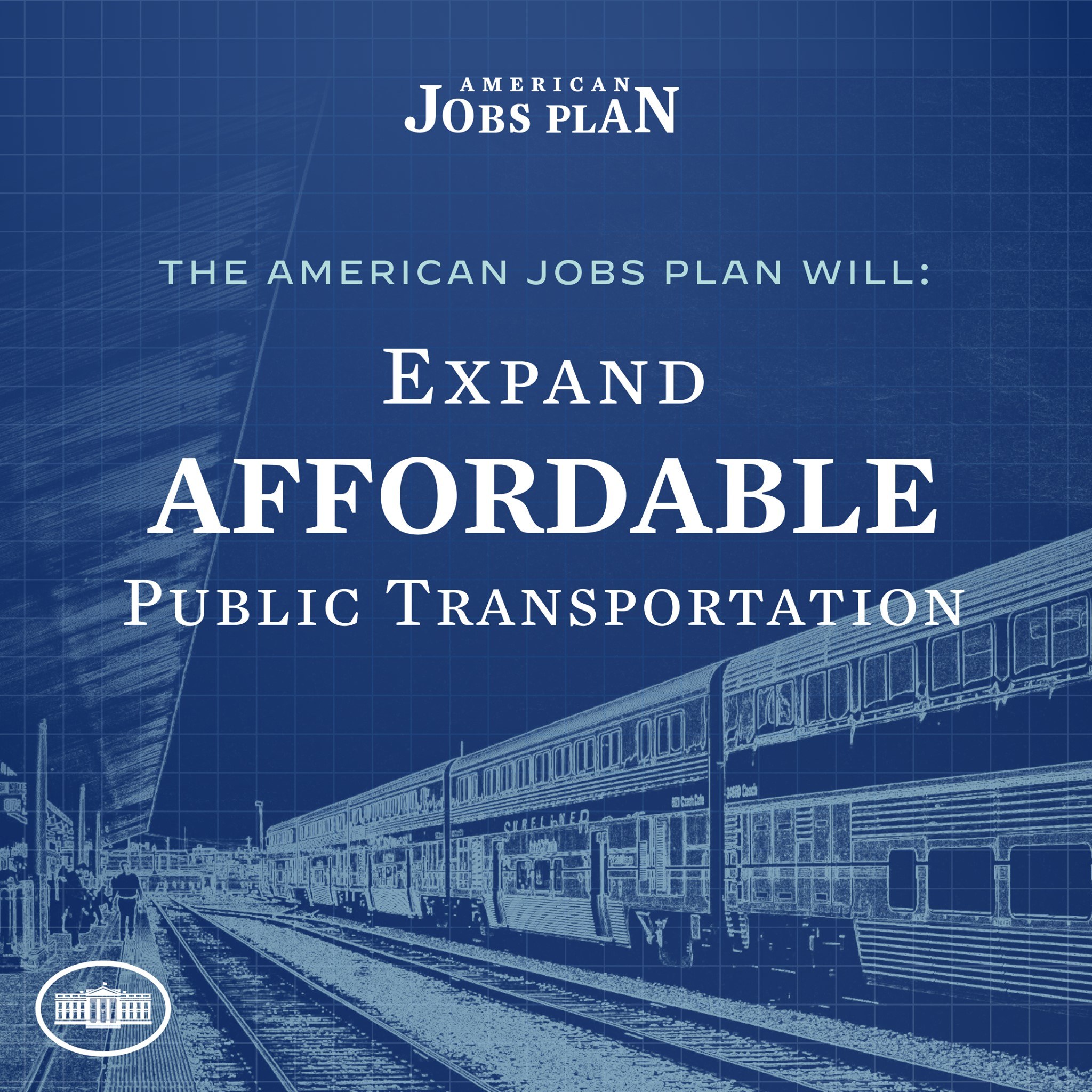 Plakat mit einem Zug auf einem Bahngeleis mit mehreren Menschen in der Nähe, das 'The American Jobs Plan Will Expand Affordable Public Transportation' bewirbt.