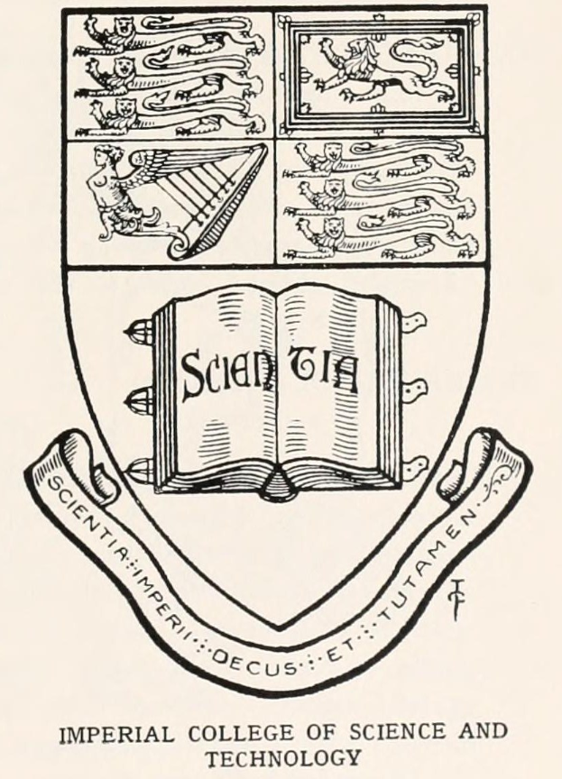 Logo der Imperial College of Science and Technology, das ein aufgeschlagenes Buch mit der Universitätswappen-Illustration auf einer Seite und fetter Schrift auf der anderen zeigt, eingerahmt von einem dekorativen Rand.