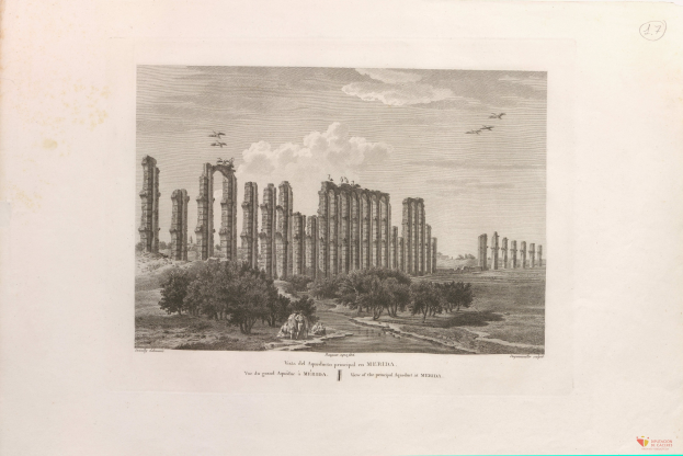 Ein altes Buch mit einer Zeichnung der Ruinen des Tempels von Olympias Zeus, umgeben von B├Ąumen und Menschen, mit einem bew├Âlktem Himmel und fliegenden V├Âgeln und Text unten.