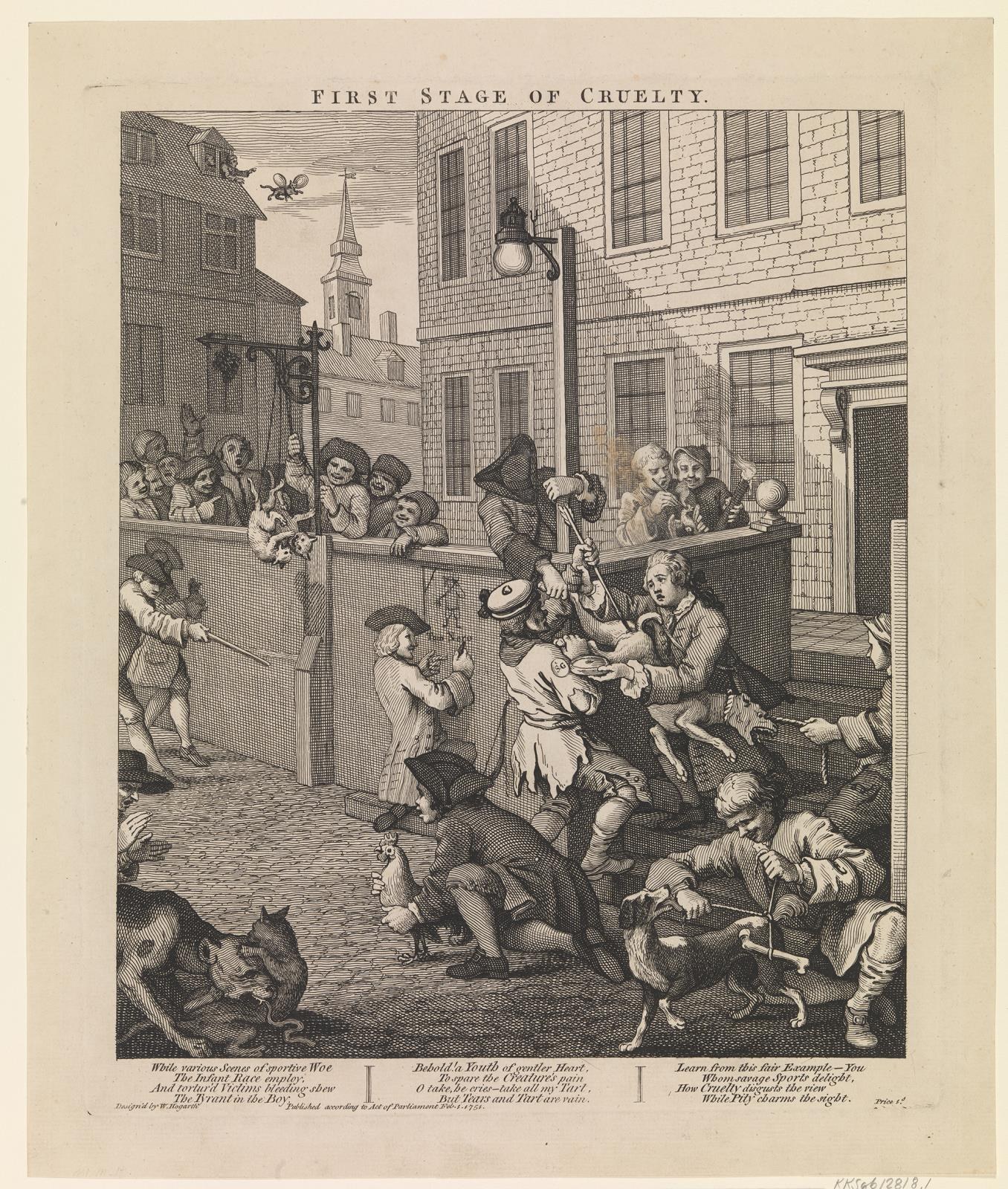 Eine Gruppe von Menschen und Tieren versammelt sich vor einem Gebäude mit Fenstern und einem Laternenmast, mit dem Text "Erste Stufe der Grausamkeit" unten.