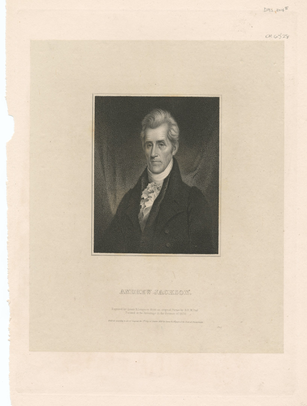 Schwarzes und weißes Porträt von Andrew Jackson, erstem US-Präsidenten, in einem Anzug mit ernstem Gesichtsausdruck, mit Text unten.