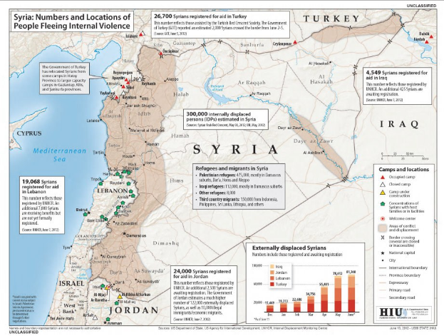 Plakat mit einer Syrien-Karte und Daten zu Binnenflüchtlingen aufgrund von Gewalt, begleitet von Text und Grafiken.