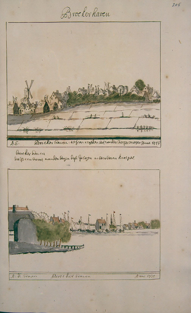 Ein aufgeschlagenes Buch mit einer Illustration einer Stadtansicht, die Häuser, Bäume und eine Windmühle zeigt, sowie begleitenden Text.