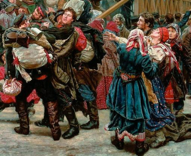 Gemälde, das eine lebhafte Szene von Menschen zeigt, die in traditioneller russischer Kleidung während der russischen Revolution tanzen, wobei einige Gegenstände halten, vor einer Menge und einem hölzernen Haus.