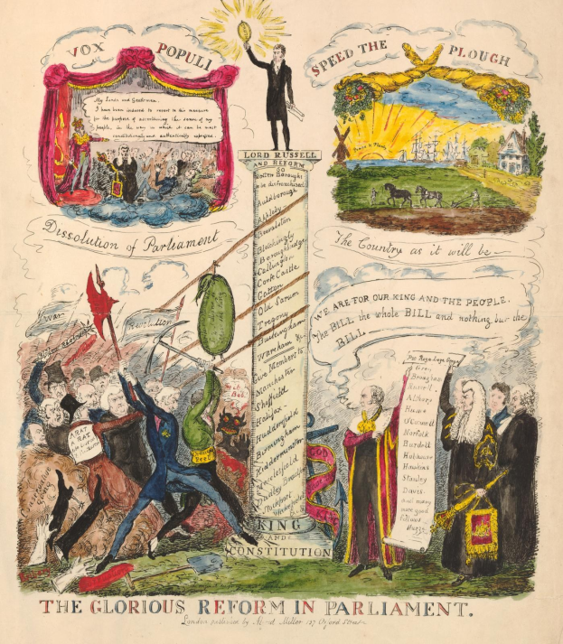 Eine bunte Papierreproduktion mit der Überschrift "Die glorreichen Reform im Parlament", die mutige Schrift und diverse, lächelnde Menschen zeigt, symbolisiert Hoffnung und Fortschritt.