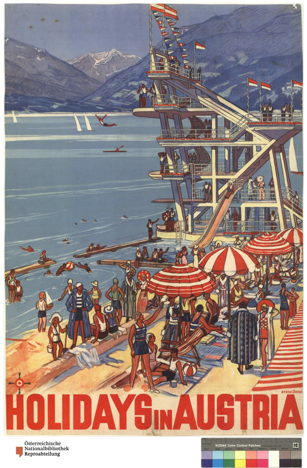 Plakat, das Urlaub in Österreich bewirbt, zeigt Menschen am Strand mit Schirmen, ein Schiff im Hintergrund, winkende Flaggen, entfernte Berge und Text.