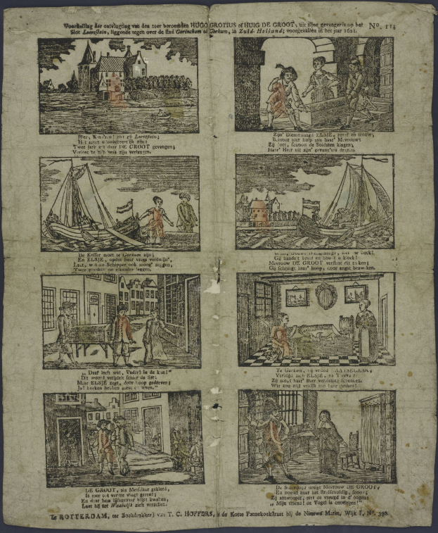 Ein Collage aus Bildern auf einem alten Buchdeckel, das verschiedene Menschen, Gebäude, Boote und Gegenstände zeigt, die auf einer flachen Oberfläche angeordnet sind.