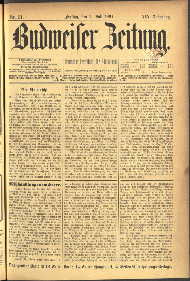 Alte Zeitung mit der Überschrift "Budweiser Wetten" mit vergilbten Seiten und fetter schwarzer Schrift