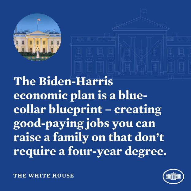 Plakat mit einem Bild des Weißen Hauses und Text, der die Biden-Harris-Wirtschaftsplan als blue-collar-Blueprint für die Schaffung von gutbezahlten Jobs präsentiert, die Familien unterstützen, ohne einen vierjährigen Abschluss zu erfordern.