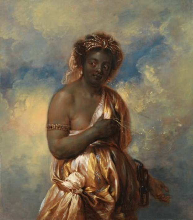 Gemälde von Jean-Honoré Fragonard einer Frau in goldener Robe mit detaillierten Verzierungen, ihre Haare zu einem Dutt gebunden, nachdenklich zur Seite schauend vor einem bewölkten Himmel, in Holz gerahmt.