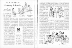 Offenes Buch mit Illustrationen von spielenden Kindern in einer Kita, begleitet von Text und einer Objektliste.