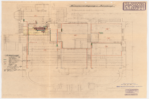 Ein detailliertes architektonisches Zeichnung des Rosenhof-Krankenhauses in Hamburg, Deutschland, das ein Gebäude mit zahlreichen Drähten und Text zeigt, der das Layout einschließlich Räumen, Fluren und anderen Merkmalen beschreibt.