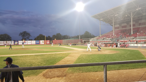 Baseballspiel in einem Stadion mit Zuschauern auf den Rängen, Geländer im Vordergrund, Bäume, Mäste, Lichter, Werbetafeln und klarer blauer Himmel im Hintergrund.