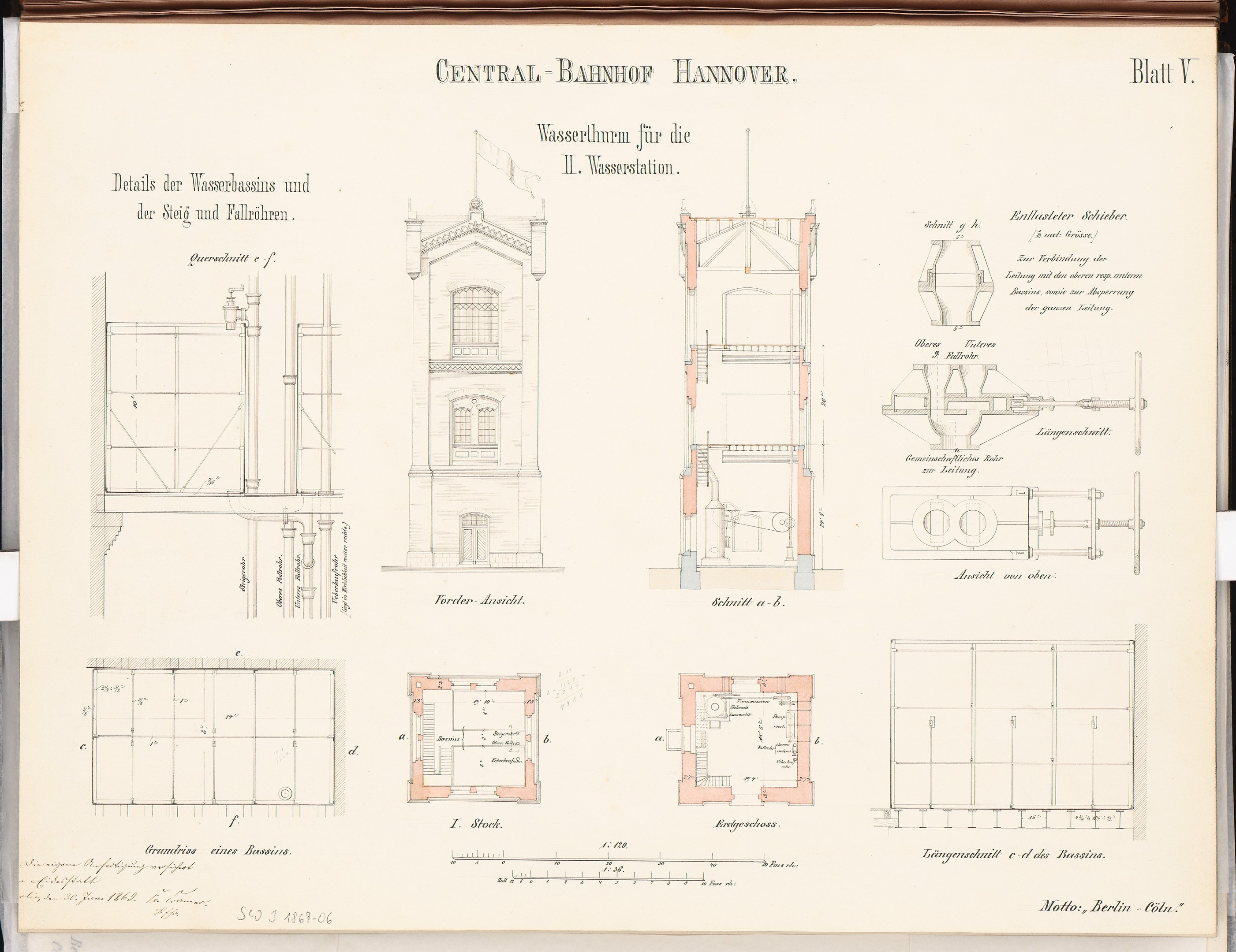 Titelbild eines Buches mit einer detaillierten architektonischen Zeichnung des Zentralbahnhofs Hannover, einschließlich Fenstern, Türen und anderen strukturellen Elementen, mit begleitendem Text über die Gestaltung.