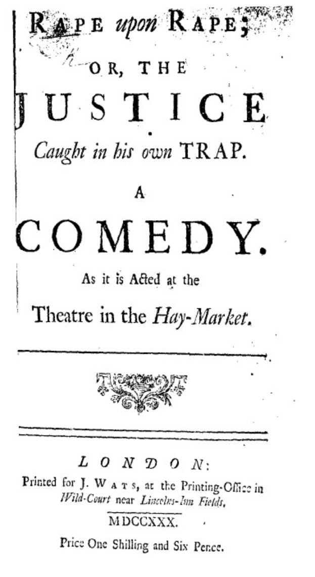 Schwarz-weißes Plakat mit der überschrift "Vergewaltigung über Vergewaltigung oder die Justiz in seiner eigenen Falle" in fetter schwarzer Schrift, wahrscheinlich Ankündigung einer Comedy-Show.