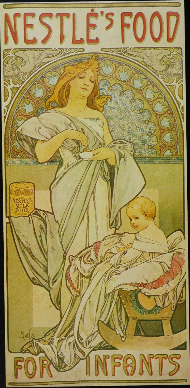 Frau mit einem Säugling, die ein Nestlé-Babyfuttermotiv im Hintergrund hält.