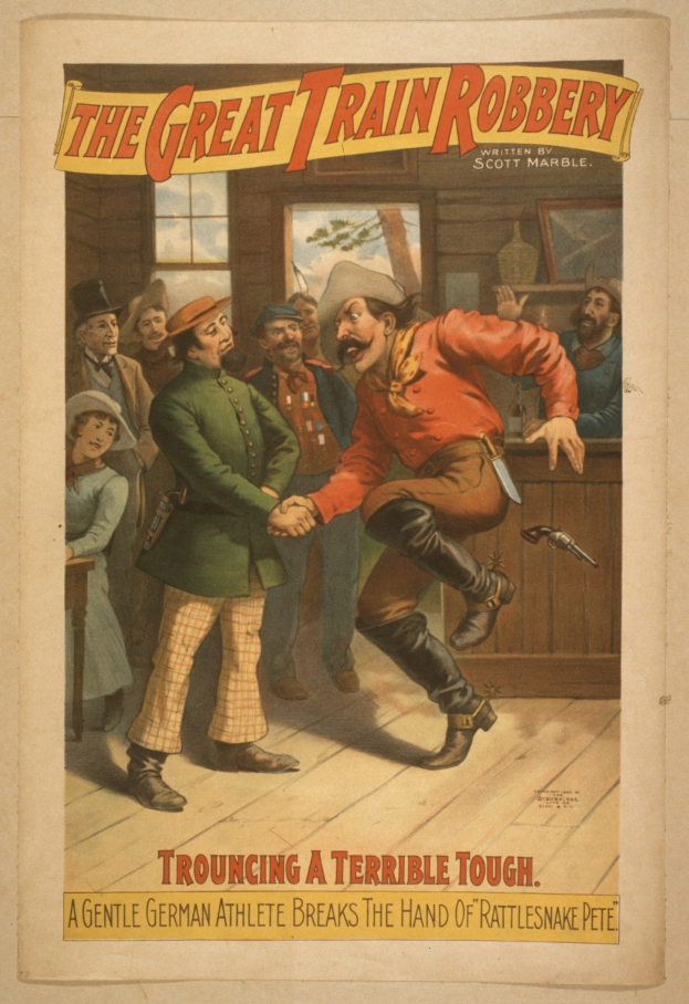 Plakat für "Die große Zugüberfall" zeigt eine Gruppe von Menschen, wobei einer eine Waffe hält, ein Fenster, eine Wand und Text, der "Die große Zugüberfall - Trouching a Terrible Tough" lautet.