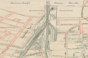 Ein detailliertes altes Stadtplan von Lissa-Laube, Deutschland, mit Straßen, Gebäuden, Sehenswürdigkeiten und einer Routenkarte mit begleitendem Text.