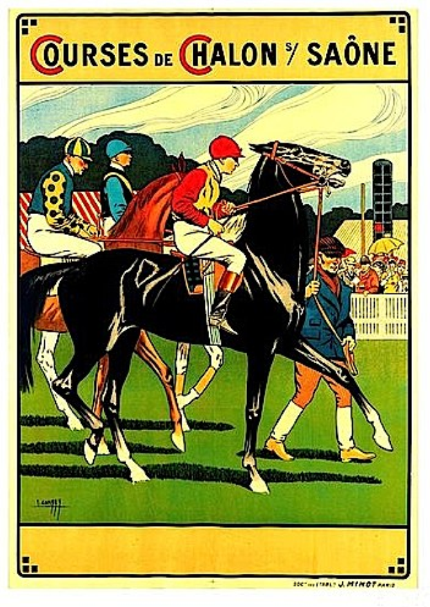 Plakat, das ein Pferderennen mit Jockeys auf Pferden zeigt, umgeben von einer Menge hinter einem Zaun, Bäumen und einem bewölkten Himmel, mit Text, der die Rennstrecken beschreibt.