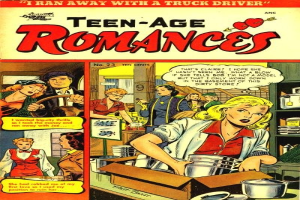 Ein farbenfroher DC-Comics-Plakat titled 'Teen-Age Romances 23-A' zeigt eine Gruppe von Menschen in einer fröhlichen, romantischen Umarmung mit fetter Schrift und leuchtenden Farben.