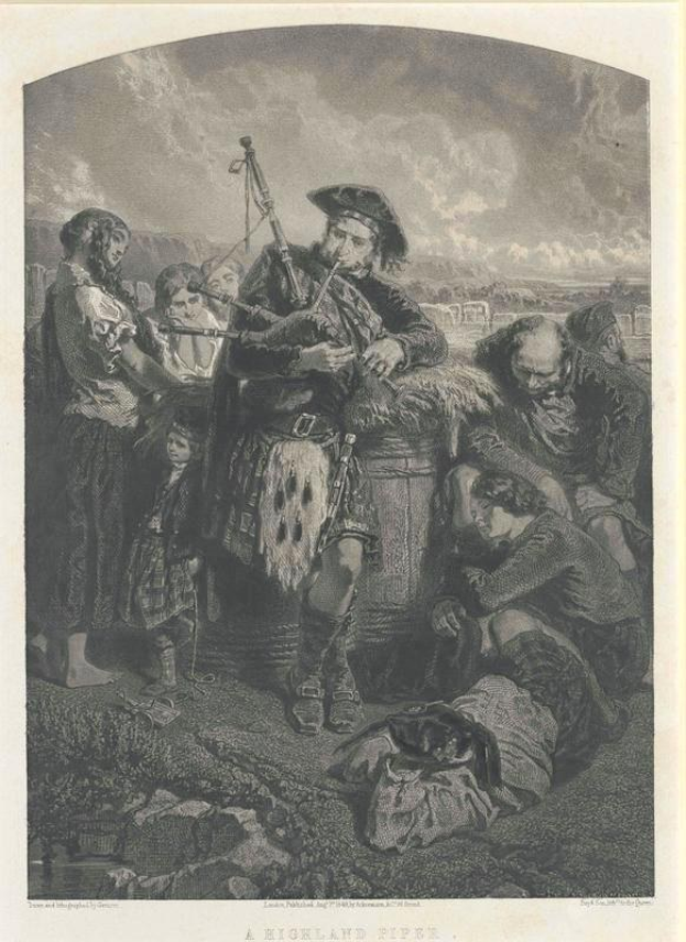 Schwarze und weiße Gravur eines Mannes, der eine Dudelsack vor einer Gruppe von Menschen unter einem bewölkten Himmel spielt, mit dem Text "Ein Highland Pipe" unten.