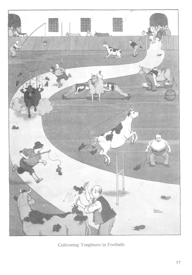 Schwarze und weiße Zeichnung von Menschen und Tieren in einem Feld mit einer Wand und Fenstern im Hintergrund, mit dem Text "Züchtung von Härte in Füßballs" unten.