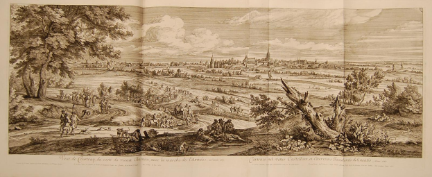 Offenes Buch mit dem Titel 'Ansicht der Schlacht von Castellum und Castellium aus der Illustrated London News' mit einer detaillierten Landschaftsillustration mit Menschen, Bäumen, Pflanzen, Gebäuden und Wolken.