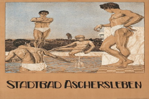 Plakat wirbt für ein Schwimmbad in Aschersleben, Deutschland, zeigt Menschen im Wasser mit einem Sitzenden und Text mit Pool-Informationen.