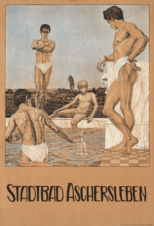 Plakat wirbt für ein Schwimmbad in Aschersleben, Deutschland, zeigt Menschen im Wasser mit einem Sitzenden und Text mit Pool-Informationen.