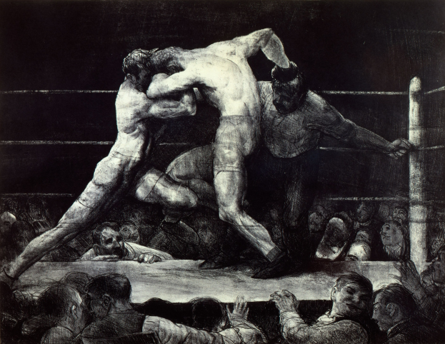 Schwarz-weiß-Zeichnung von zwei Boxern in einem Ring, die sich gegenseitig boxen, während eine jubelnde Menge zusieht.