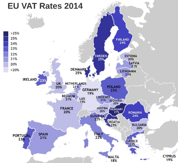 Karte von Europa, die die EU-VAT-Sätze von 2014 mit Prozentangaben und Textlabels zeigt.