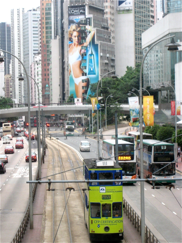 Eine belebte Stadtstraße mit Doppeldeckerbussen, Autos und anderen Fahrzeugen, umgeben von hohen Gebäuden, Bäumen, Pfählen, Laternen, Schildern, Bannern und einer Brücke unter einem klaren blauen Himmel, mit Text am unteren Rand.