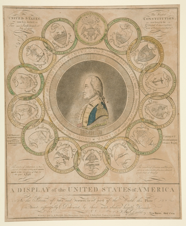 Porträt von George Washington in der Mitte, umgeben von einer kreisförmigen Anordnung von US-Münzen mit Text am Rand.