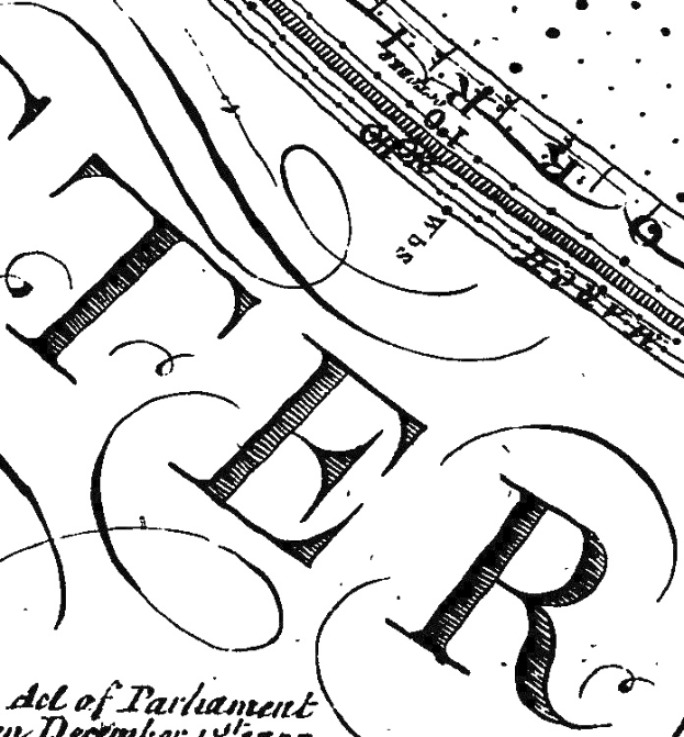 Schwarze und weiße Illustration des Buchstabens 'R' auf altem Papier mit dekorativem Rahmen, erste Seite eines Gesetzes.