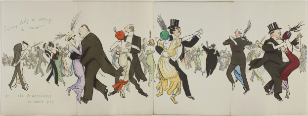 Offenes Buch mit einer farbenfrohen Illustration von Menschen in bunten Kostümen, die unter einem hellblauen Himmel tanzen, mit der Überschrift "Les Vendredières de Magic City."