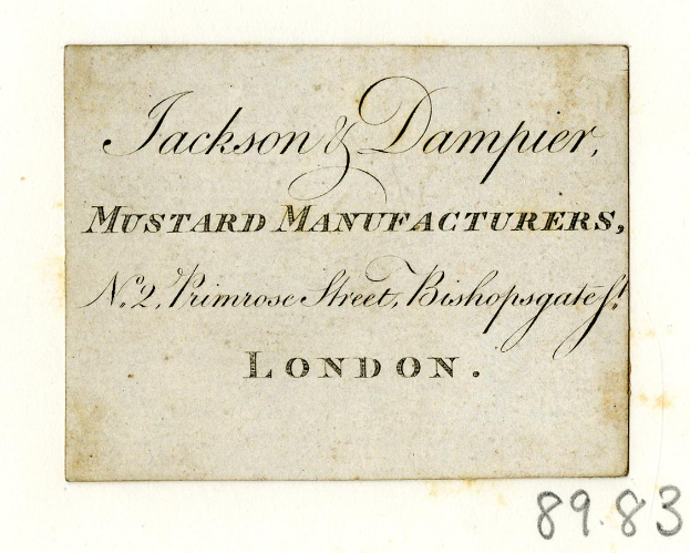 Eine alte Visitenkarte für Jackson & Damper Senfhersteller, gelegen an No. 2, Primrose Street, Bishopgate, London.