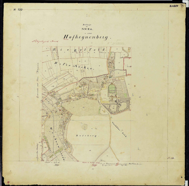 Schwarze und weiße Karte von Hofhegenberg, Deutschland, mit schwarzem Rand, die Straßen, Gebäude und Sehenswürdigkeiten zeigt.