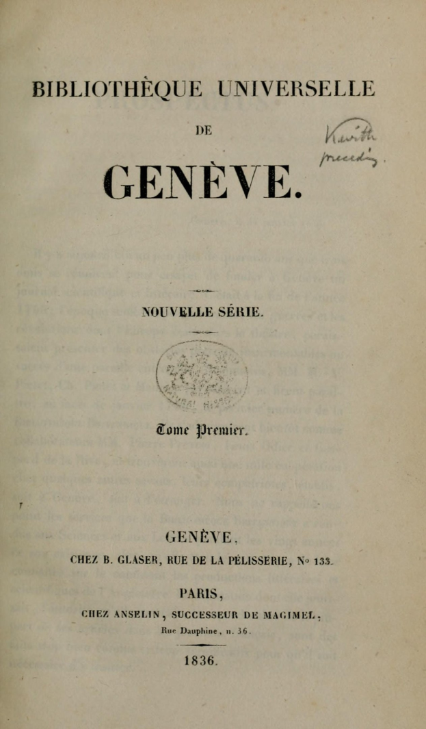 Titelbild eines aufgeschlagenen Buches mit der Aufschrift 'Bibliothèque Universitaire de Geneve' aus der Universitätsbibliothek Genf.