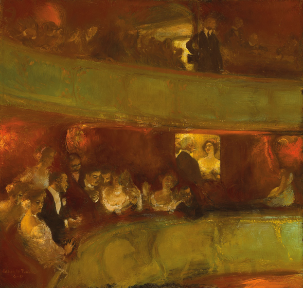 Ein Gemälde einer lebendigen TheaterSzene mit Menschen in formeller Kleidung, einige stehend und einige sitzend, in einem hell erleuchteten Raum mit neutralfarbenen Wänden.