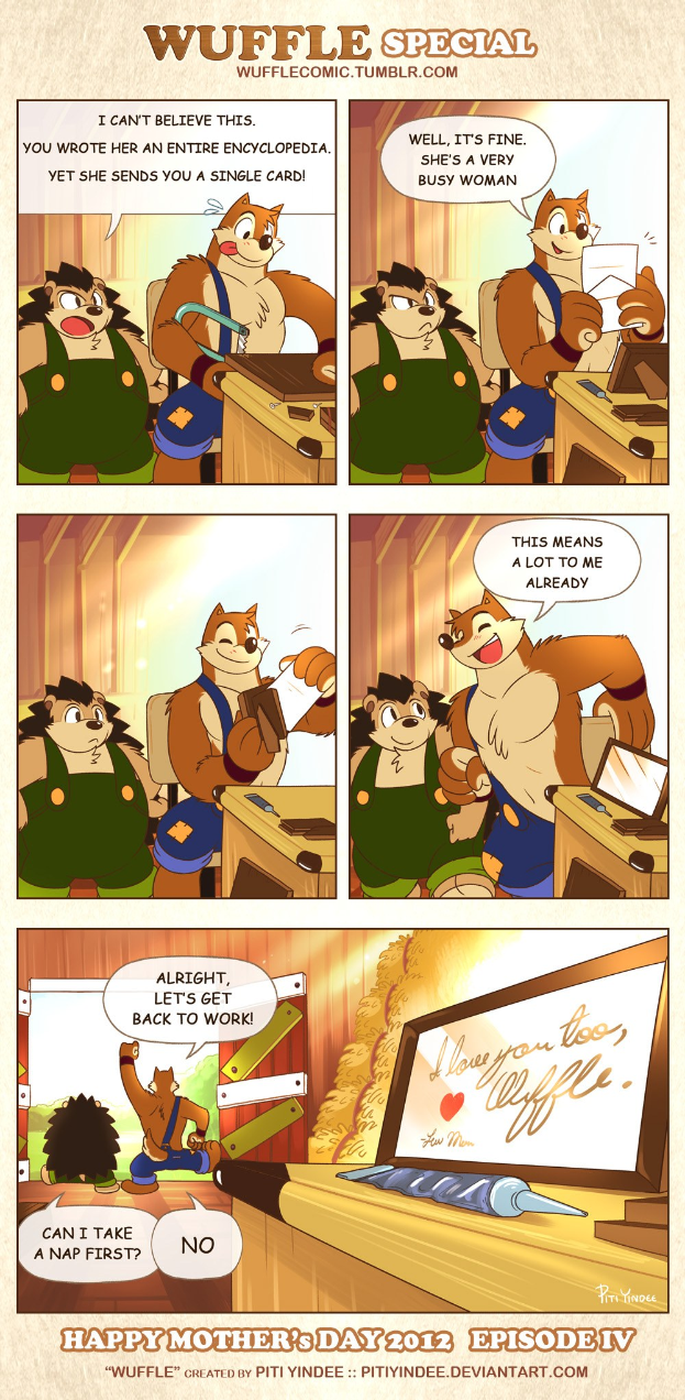 Ein Plakat mit einer Comic-Strip-Szene, die einen Mann in einem blauen Hemd und eine strahlende Frau zeigt, mit der Aufschrift 'Frohen Muttertag' in einer fröhlichen Schrift auf einem hellgelben Hintergrund.