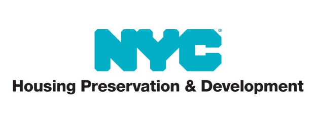 Weißer Hintergrund mit zentralem fetten schwarzen Text "NYC Housing Preservation & Development" in einer modernen Schriftart, eingerahmt von einem schmalen schwarzen Rand.