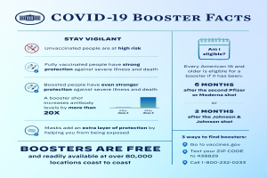 Ein Plakat mit Text und Bildern ├╝ber Covid-19-Booster-Fakten, einschließlich Statistiken, Virustyp, potenzielle Risiken und eine Grafik einer Person mit Mund-Nasen-Schutz.