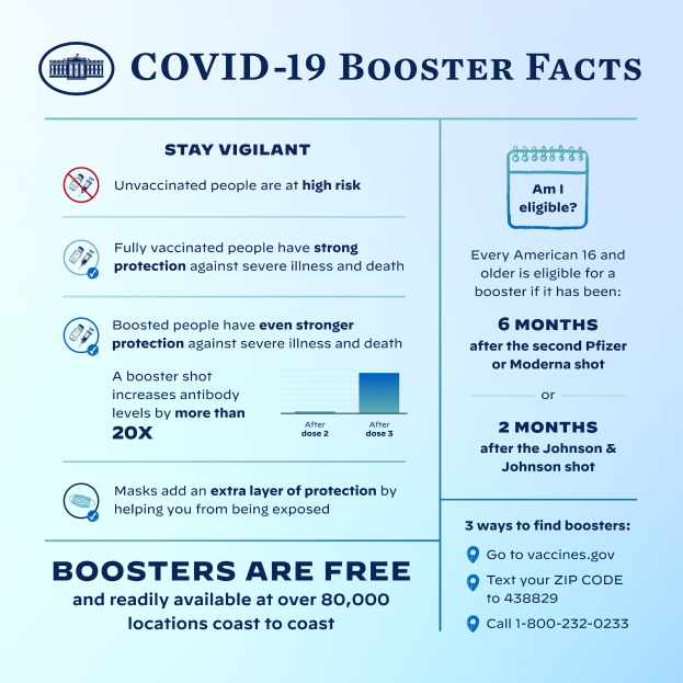 Ein Plakat mit Text und Bildern ├╝ber Covid-19-Booster-Fakten, einschließlich Statistiken, Virustyp, potenzielle Risiken und eine Grafik einer Person mit Mund-Nasen-Schutz.